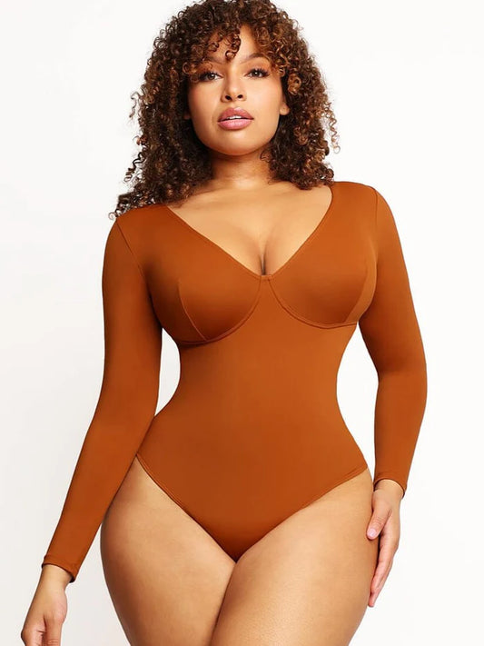 V-Neck Long Sleeve Thong Waist Control Bodysuit